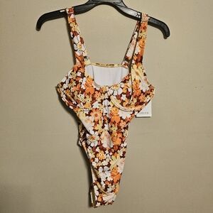 Floralkini Brown and Gold Floral Print Underwire Balconette One Piece Swimsuit 4